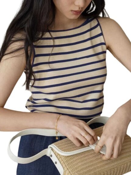 Bla White Striped Knitted Svel Strap Vest Women Summer Inner Wear Outer Wear Slim Fit ort Sport Top Commute Sle