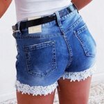 Women Slim Denim Shorts Stretch Lace Stitching Jeans Shorts Ladies Casual Regular Short - Image 3