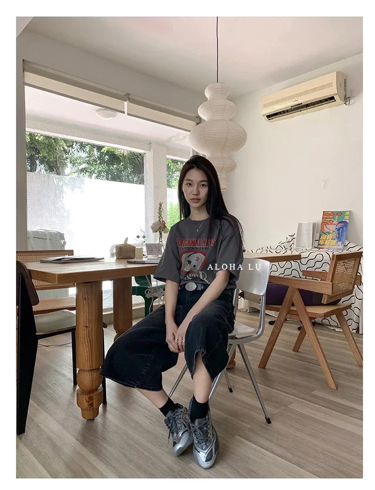 Harajuku Vintage High Waist Black Retro Washed Denim Shorts Women's Fashion Casual Loose Fit Y2K Streetwear Mid Long Short Harajuku Vintage High Waist Black Retro Washed Denim Shorts Women's Fashion Casual Loose Fit Y2K Streetwear Mid Long Short
