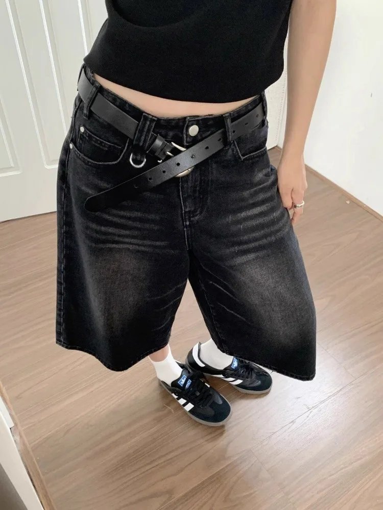 Harajuku Vintage High Waist Black Retro Washed Denim Shorts Women's Fashion Casual Loose Fit Y2K Streetwear Mid Long Short Harajuku Vintage High Waist Black Retro Washed Denim Shorts Women's Fashion Casual Loose Fit Y2K Streetwear Mid Long Short