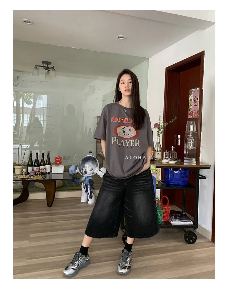 Harajuku Vintage High Waist Black Retro Washed Denim Shorts Women's Fashion Casual Loose Fit Y2K Streetwear Mid Long Short Harajuku Vintage High Waist Black Retro Washed Denim Shorts Women's Fashion Casual Loose Fit Y2K Streetwear Mid Long Short