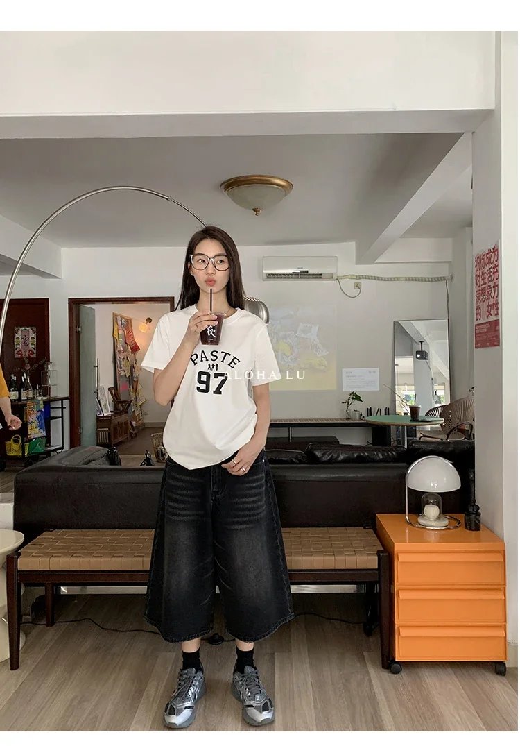 Harajuku Vintage High Waist Black Retro Washed Denim Shorts Women's Fashion Casual Loose Fit Y2K Streetwear Mid Long Short Harajuku Vintage High Waist Black Retro Washed Denim Shorts Women's Fashion Casual Loose Fit Y2K Streetwear Mid Long Short