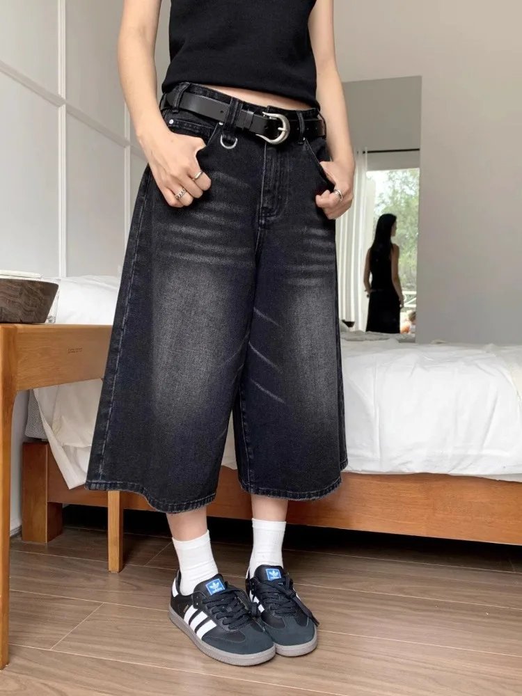 Harajuku Vintage High Waist Black Retro Washed Denim Shorts Women's Fashion Casual Loose Fit Y2K Streetwear Mid Long Short Harajuku Vintage High Waist Black Retro Washed Denim Shorts Women's Fashion Casual Loose Fit Y2K Streetwear Mid Long Short