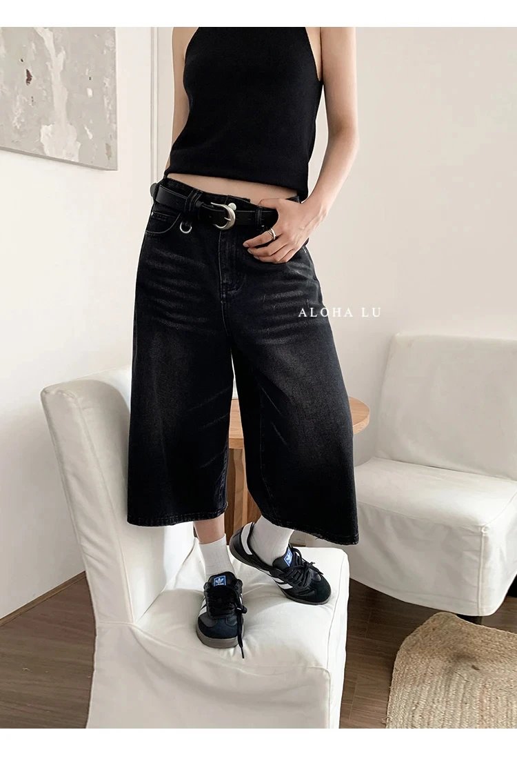 Harajuku Vintage High Waist Black Retro Washed Denim Shorts Women's Fashion Casual Loose Fit Y2K Streetwear Mid Long Short Harajuku Vintage High Waist Black Retro Washed Denim Shorts Women's Fashion Casual Loose Fit Y2K Streetwear Mid Long Short