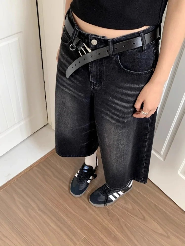 Harajuku Vintage High Waist Black Retro Washed Denim Shorts Women's Fashion Casual Loose Fit Y2K Streetwear Mid Long Short Harajuku Vintage High Waist Black Retro Washed Denim Shorts Women's Fashion Casual Loose Fit Y2K Streetwear Mid Long Short