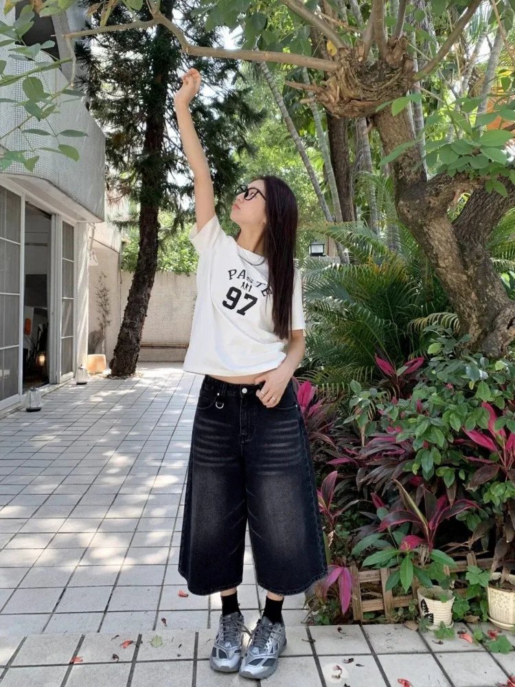 Harajuku Vintage High Waist Black Retro Washed Denim Shorts Women's Fashion Casual Loose Fit Y2K Streetwear Mid Long Short Harajuku Vintage High Waist Black Retro Washed Denim Shorts Women's Fashion Casual Loose Fit Y2K Streetwear Mid Long Short