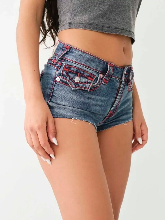 High Waisted Blue Denim Shorts with Contrast Stitching Button Details Back Pocket Embroidery Casual Trendy Summer Fashion Women - Image 2