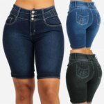 Women Denim Shorts Summer Fashion Casual High Waist Solid Color Skinny Slim-Fit Shorts Jeans - Image 2