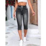 Women Denim Jeans Shorts Drawtring High Waist Stretch knee Length Ripped Hole Short Jean Pants - Image 4