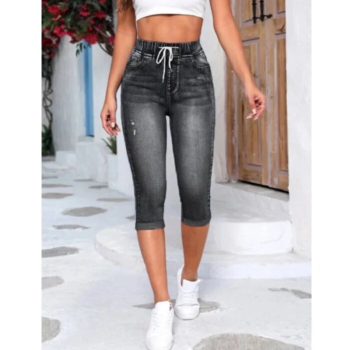 Women Denim Jeans Shorts Drawtring High Waist Stretch knee Length Ripped Hole Short Jean Pants - Image 4