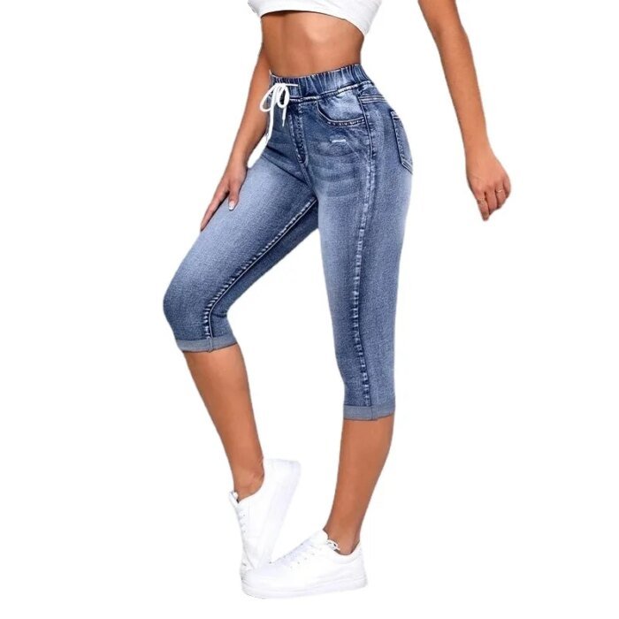 Women Denim Jeans Shorts Drawtring High Waist Stretch knee Length Ripped Hole Short Jean Pants - Image 2