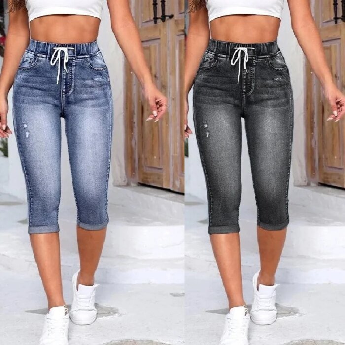 Women Denim Jeans Shorts Drawtring High Waist Stretch knee Length Ripped Hole Short Jean Pants - Image 1
