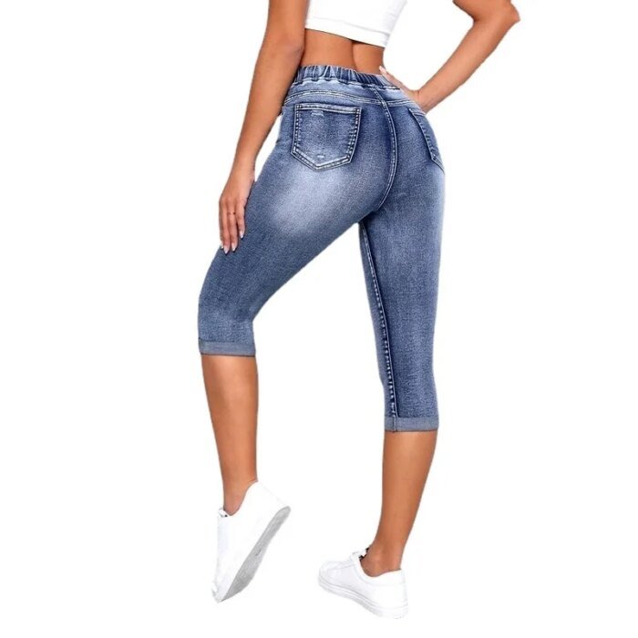 Women Denim Jeans Shorts Drawtring High Waist Stretch knee Length Ripped Hole Short Jean Pants - Image 3
