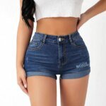Women Summer Denim Shorts High Waist Stretch Ripped Hole Skinny Pockets Jeans Short Pants