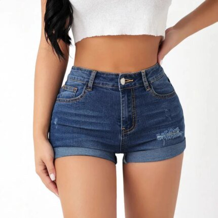 Women Summer Denim Shorts High Waist Stretch Ripped Hole Skinny Pockets Jeans Short Pants