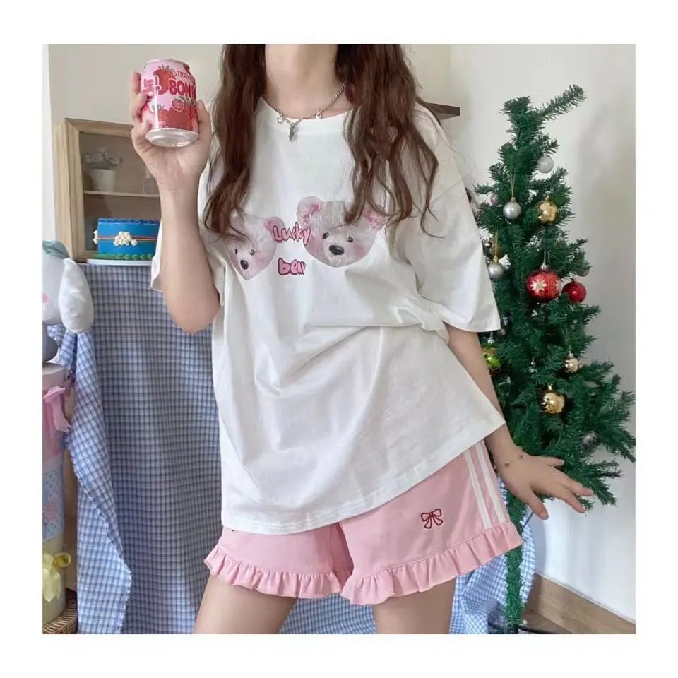 Sporty Shorts Women Ruffles Kawaii Bows Japanese Style Casual Loose Soft High Waist Summer Students Simple Fashion Popular Chic