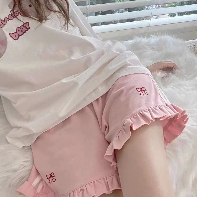 Sporty Shorts Women Ruffles Kawaii Bows Japanese Style Casual Loose Soft High Waist Summer Students Simple Fashion Popular Chic