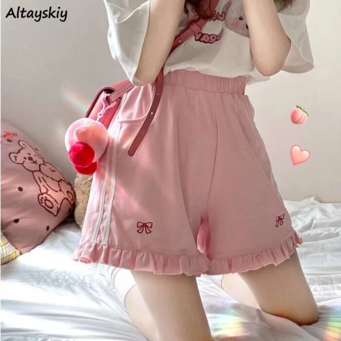 Sporty Shorts Women Ruffles Kawaii Bows Japanese Style Casual Loose Soft High Waist Summer Students Simple Fashion Popular Chic - Image 1