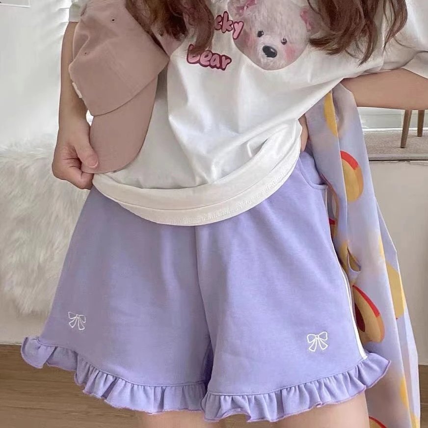 Sporty Shorts Women Ruffles Kawaii Bows Japanese Style Casual Loose Soft High Waist Summer Students Simple Fashion Popular Chic