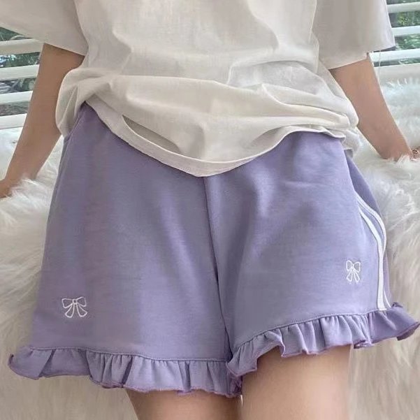 Sporty Shorts Women Ruffles Kawaii Bows Japanese Style Casual Loose Soft High Waist Summer Students Simple Fashion Popular Chic