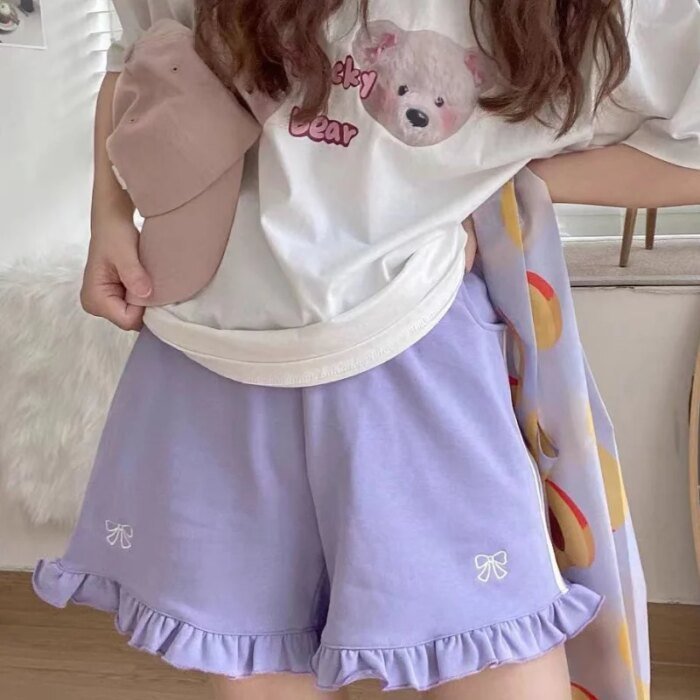 Sporty Shorts Women Ruffles Kawaii Bows Japanese Style Casual Loose Soft High Waist Summer Students Simple Fashion Popular Chic - Image 3