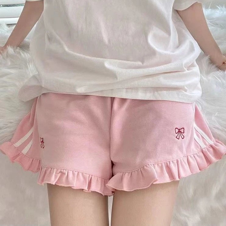 Sporty Shorts Women Ruffles Kawaii Bows Japanese Style Casual Loose Soft High Waist Summer Students Simple Fashion Popular Chic