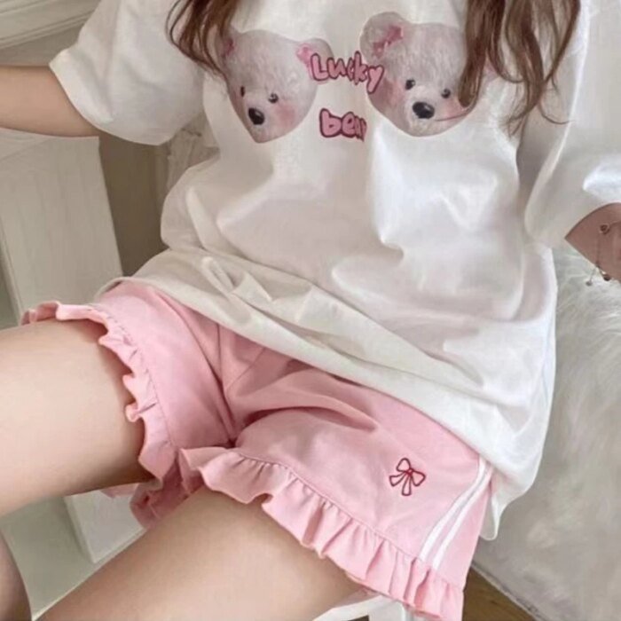 Sporty Shorts Women Ruffles Kawaii Bows Japanese Style Casual Loose Soft High Waist Summer Students Simple Fashion Popular Chic - Image 5