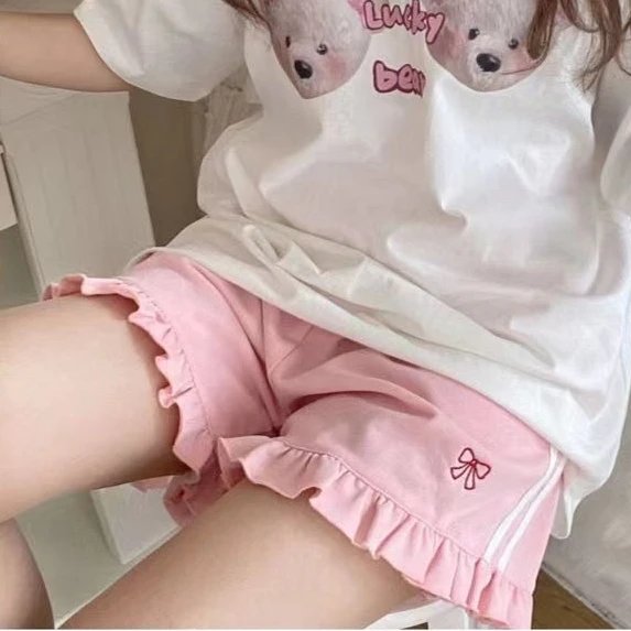 Sporty Shorts Women Ruffles Kawaii Bows Japanese Style Casual Loose Soft High Waist Summer Students Simple Fashion Popular Chic