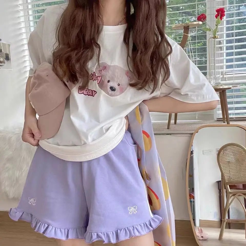 Sporty Shorts Women Ruffles Kawaii Bows Japanese Style Casual Loose Soft High Waist Summer Students Simple Fashion Popular Chic
