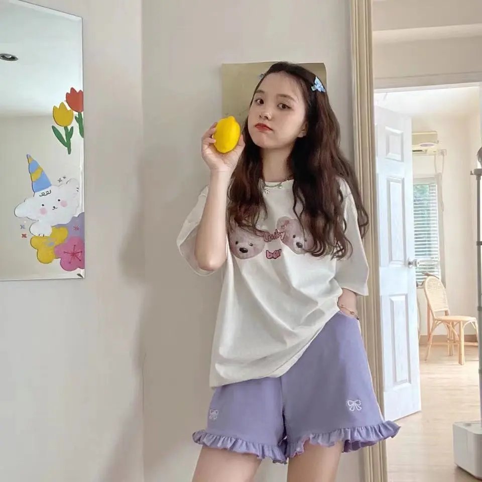 Sporty Shorts Women Ruffles Kawaii Bows Japanese Style Casual Loose Soft High Waist Summer Students Simple Fashion Popular Chic