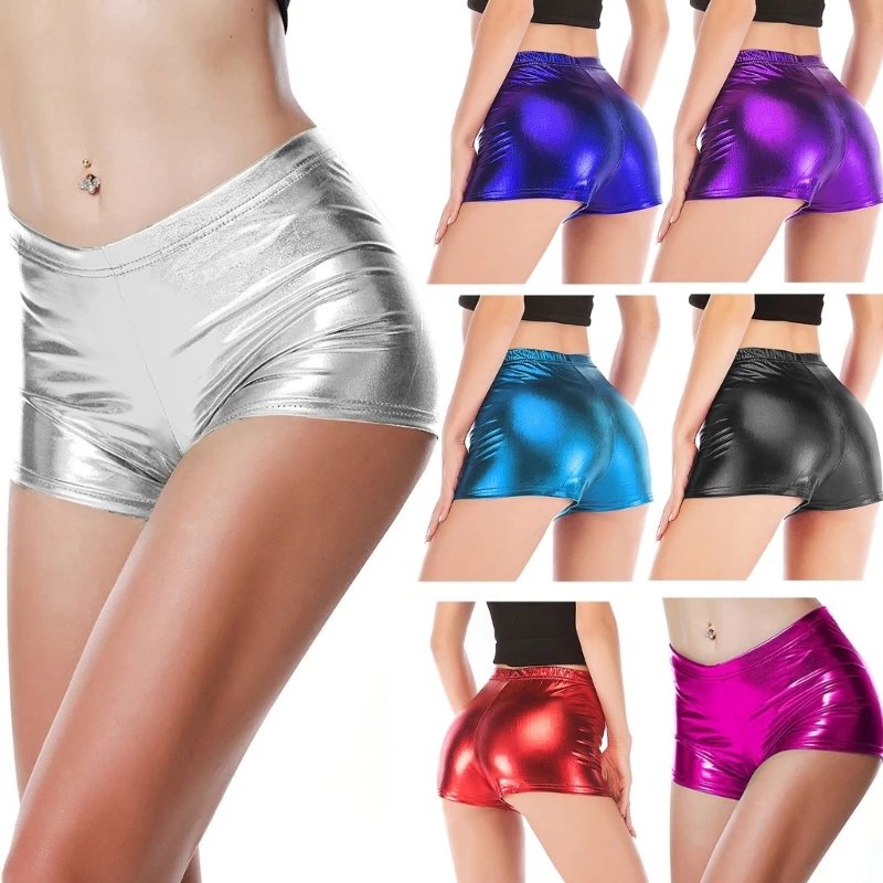 Women PU Leather Glitter Solid Color Skinny Mini Shorts Hot Pant Party Clubwear