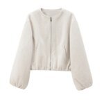 TRAF Outerwears Cropped Bomber Jacket Women Autumn Long Sleeve Faux Wool Coats For Woman Winter Zip Up Gray Beige Short Coats - Image 6