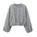 TRAF Outerwears Cropped Bomber Jacket Women Autumn Long Sleeve Faux Wool Coats For Woman Winter Zip Up Gray Beige Short Coats - Image 2