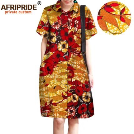 African Print Dresses for Women Shirt Dress Wax Batik 100% Cotton Plus Size Casual Outfits Short Sleeve Mini Dress A1825051