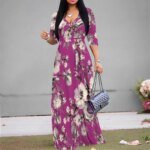 Nupusa Floral Print Dress for Women Standard Size Summer Casual Wrap V Neck 3/4 Sleeve Maxi Dress