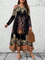 Plus Size Women's Boho Floral Maxi Dress, Long - Sleeve V - Neck, Ethnic Print, Casual & Festival Wear