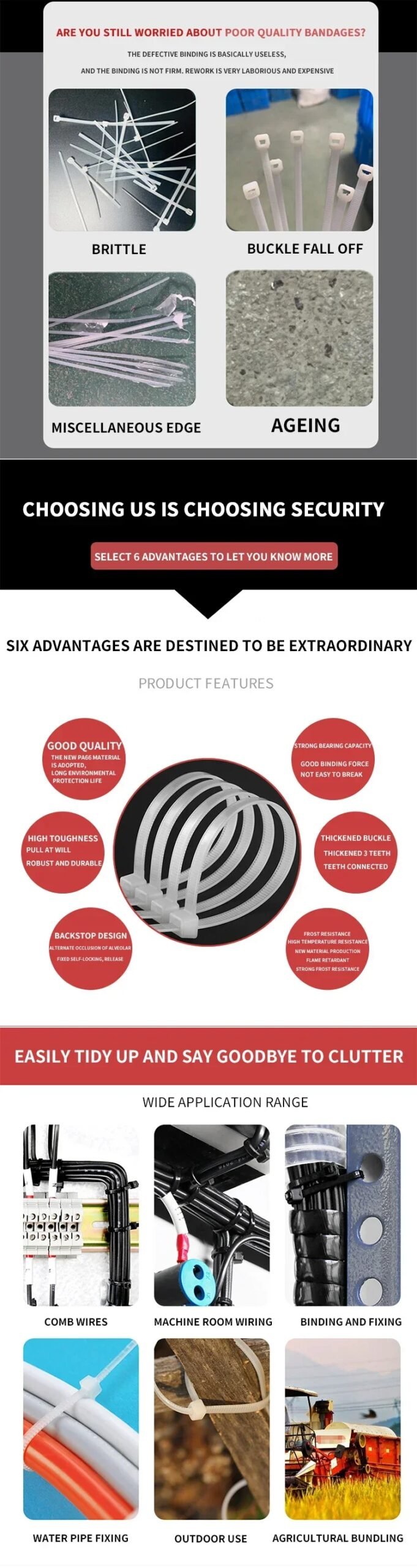 500/1000PCS/bag Self-locking Plastic Nylon Tie White Zip Wraps Strap Nylon Cable Tie Set Fastening Ring Loop Wire Wrap